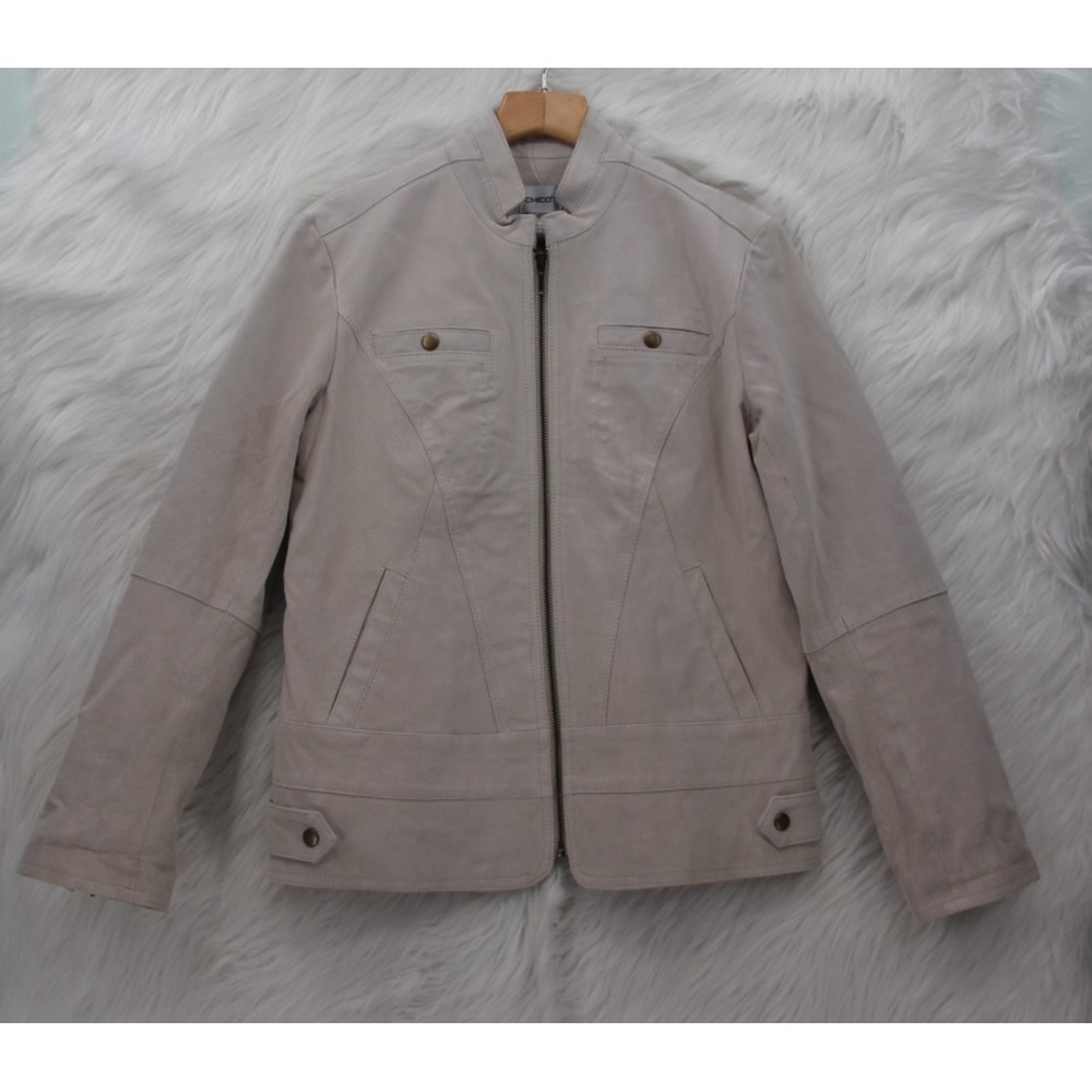 Vintage Chico's Bone Ivory Suede Leather Jacket Sz 1 M/8 Women's Structured Moto